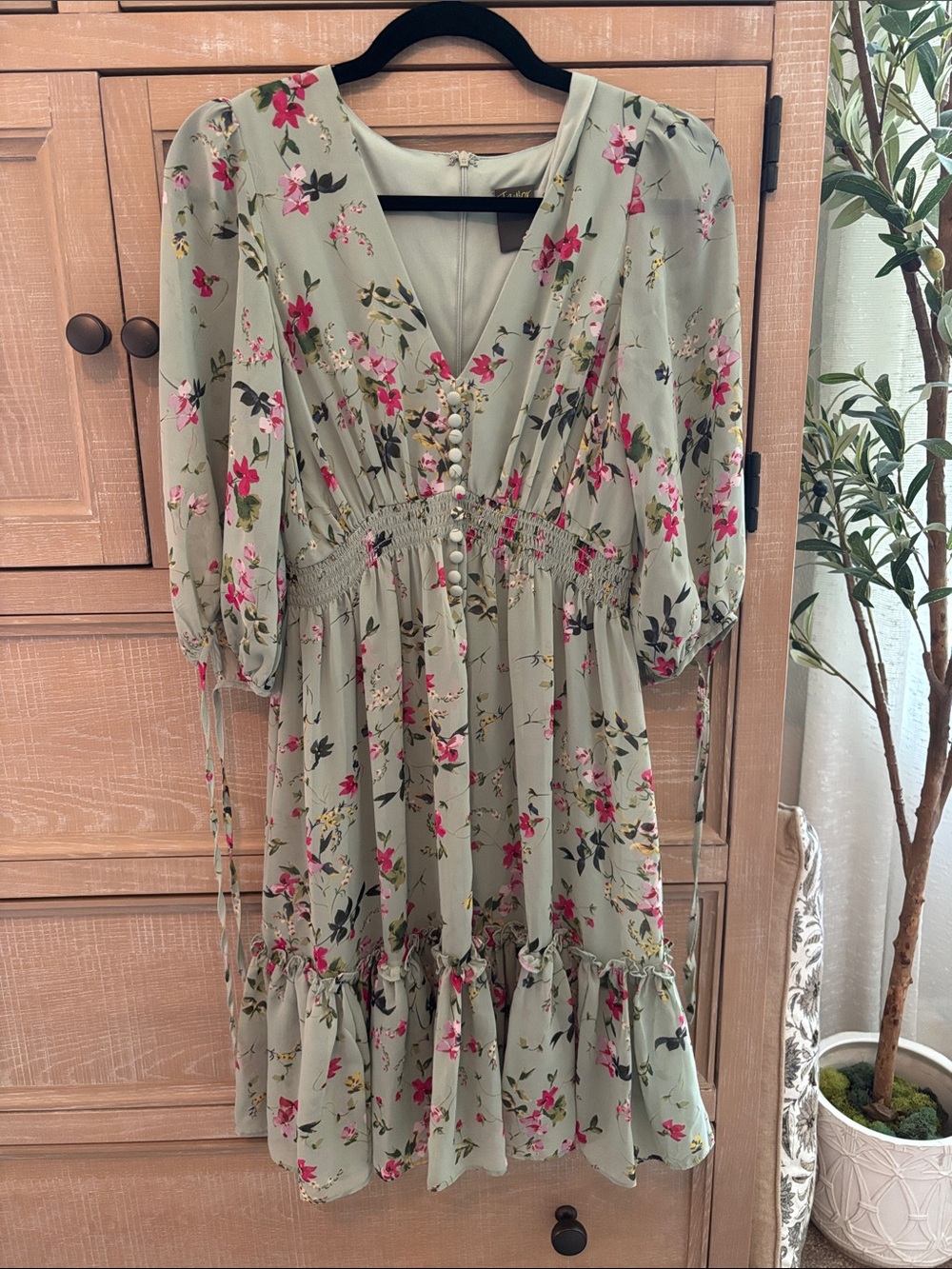Taylor Sage Green Floral Midi Dress with Pink Blossoms